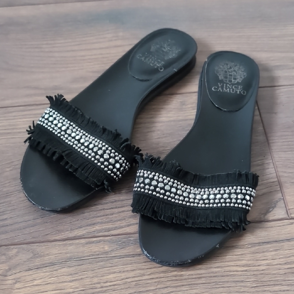 Black Fringe Slide Sandals with Rhinestones